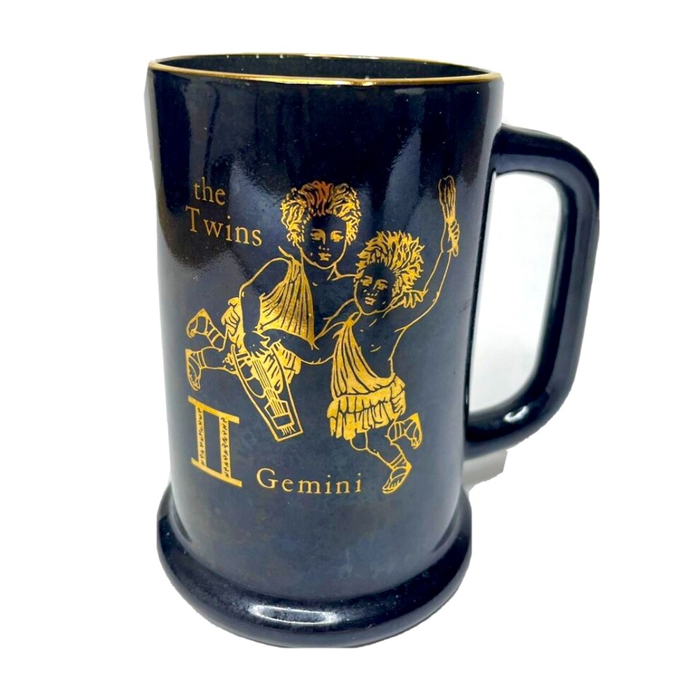 Vintage Retro Federal Milk Glass Black Gold Beer Mug Twins Gemini Zodiac